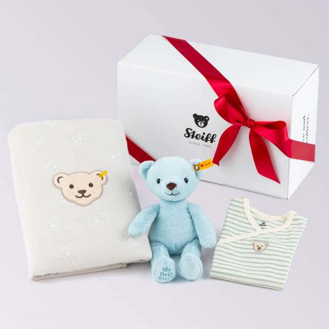 出産祝い ベビー3点セット(BOX入り)ブルー(ぬいぐるみ、ロンパース、ブランケット)