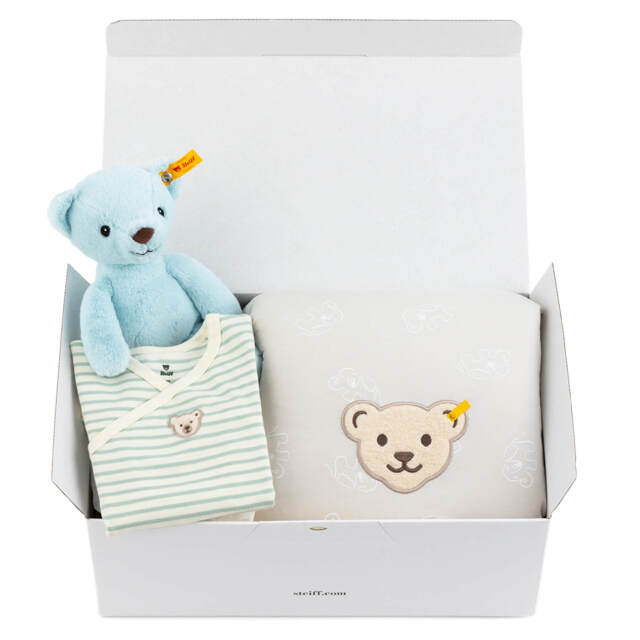 出産祝い ベビー3点セット（BOX入り）ブルー（ぬいぐるみ、ロンパース