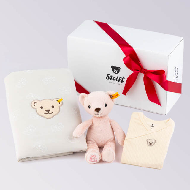 出産祝い ベビー3点セット(BOX入り)ピンク(ぬいぐるみ、ロンパース、ブランケット)