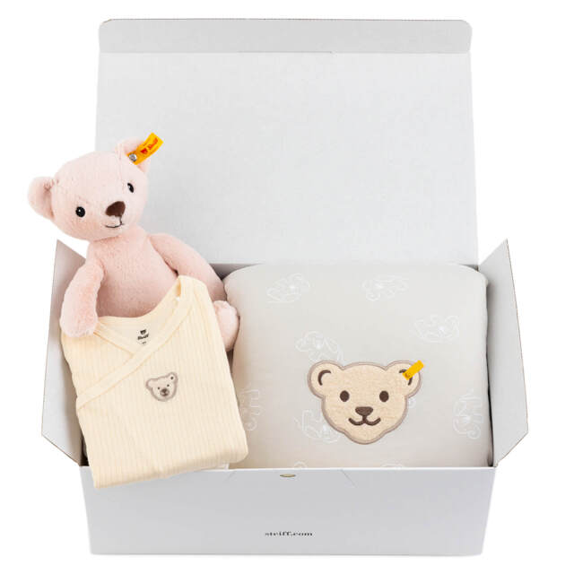 出産祝い ベビー3点セット（BOX入り）ピンク（ぬいぐるみ、ロンパース