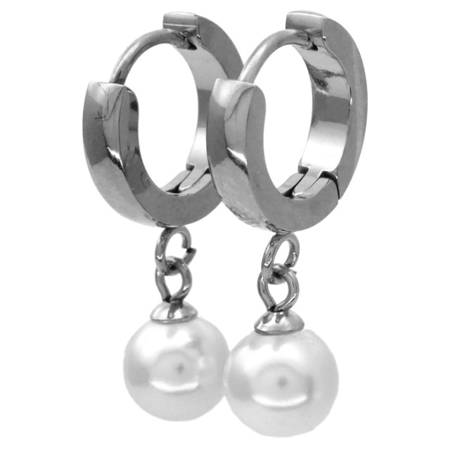 週末SALE☆e.m.パール付きフープピアス 金属アレルギー対応 パールフープピアス フープピアス レディース 20G