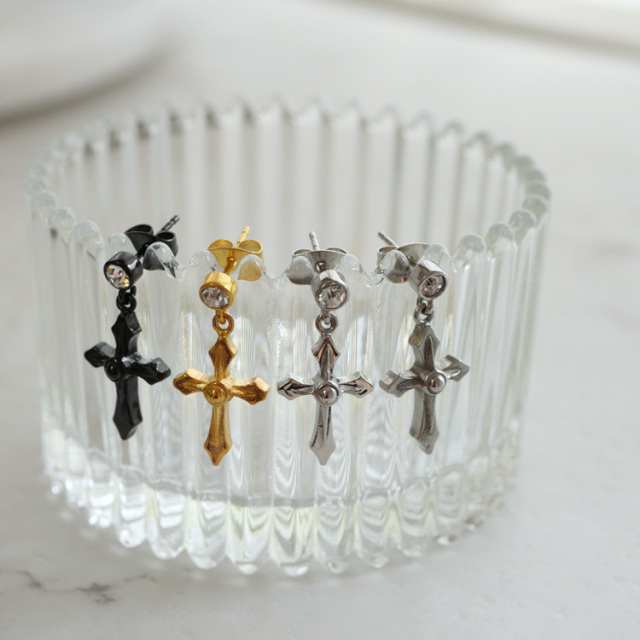 金属アレルギー対応 ステンレスピアス ゴシッククロスクリスタルステンレスピアス（両耳用） 金属アレルギー 316L sces160