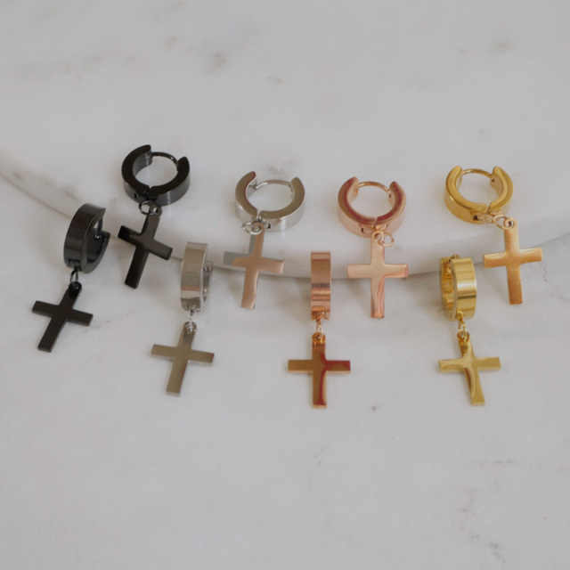 金属アレルギー対応 フラットクロスピアス フープピアス  つけっぱなし キャッチレス se2079