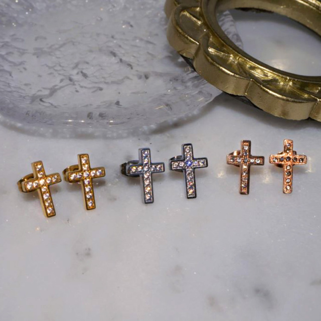 金属アレルギー対応 ステンレスピアス クロスラインジュエルピアス（両耳用） 十字架 金属アレルギー 316L se3033