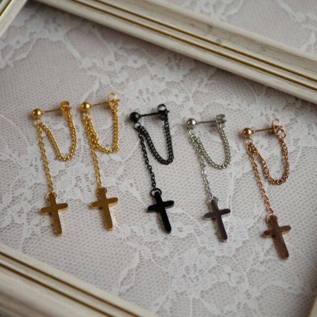 金属アレルギー対応 ステンレスピアス ダブルクロスチェーンピアス スタッドピアス キュービックジルコニア 316l サージカルステンレス Se40