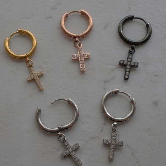 金属アレルギー対応 ステンレスピアス クロスジュエルフープピアス ファーストピアス セカンドピアス スポーツ プール 両耳用 se4108