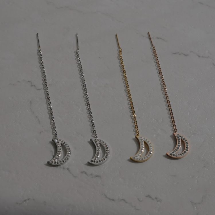 金属アレルギー対応 ステンレスピアス ムーンアメリカンピアス チェーンピアス 三日月 ファーストピアス セカンドピアス スポーツ プール 両耳用 se4114