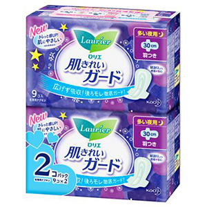 花王　ロリエ　肌きれいガード 夜用羽つき9個入×2パック