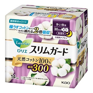 花王　ロリエ スリムガード 天然コットン100％ 多い夜用 羽つき 無香料 　１４個