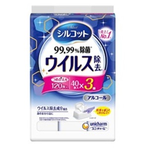 ユニチャーム　シルコット ウイルス除去 詰替 ４０枚×３個