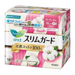 花王　ロリエ スリムガード 天然コットン100％  特に多い昼無香料 25cm 羽付１８個