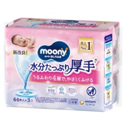 ユニチャーム　ムーニー　おしりふき 水分たっぷり厚手 つめかえ用６４枚×３個入