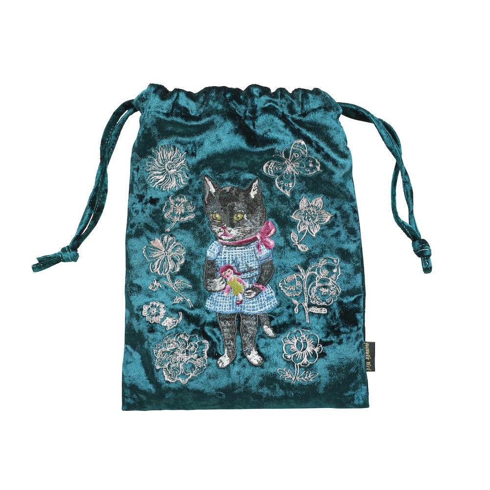 【Nathalie Lete】Velour Drawstring pouch Black cat