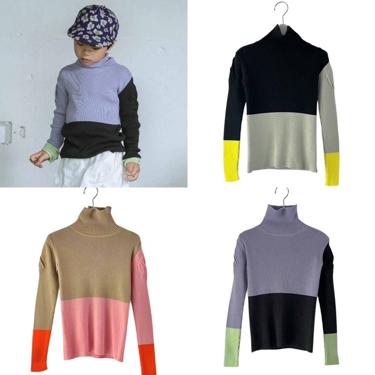 【frankygrow】26FWKTPO-142/MULTI COLOR SWELL SHOULDER HIGH-NECK KNIT キッズLL～おとな