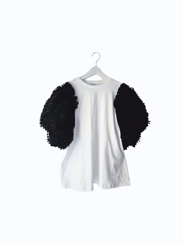 【frankygrow】26SCS-521 RIBBON ORGANDY BUBBLE SLV TEE/WHITE-BLACK