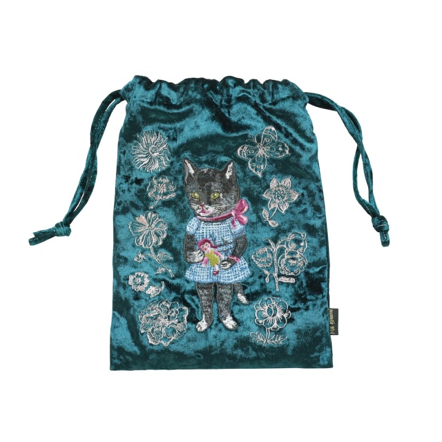 【Nathalie Lete】Velour Drawstring pouch Black cat