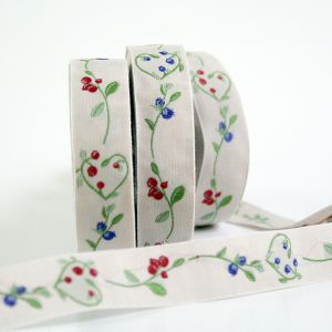 *〔A-35032-00〕　リボンテープ  2cm幅　 ベリー＆ハート /赤＆青　(10cm単位）