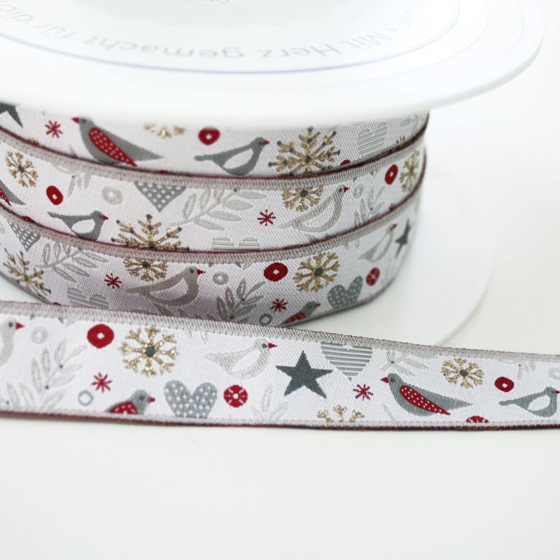 *〔A-35175〕　リボンテープ  鳥＆オーナメント　1.6cm幅　 (10cm単位）