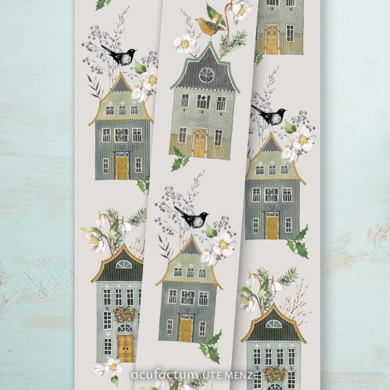 〔Acufactum〕　A-35411　リボンテープ / 冬の家と花　3cm幅　 (1ｍ単位）
