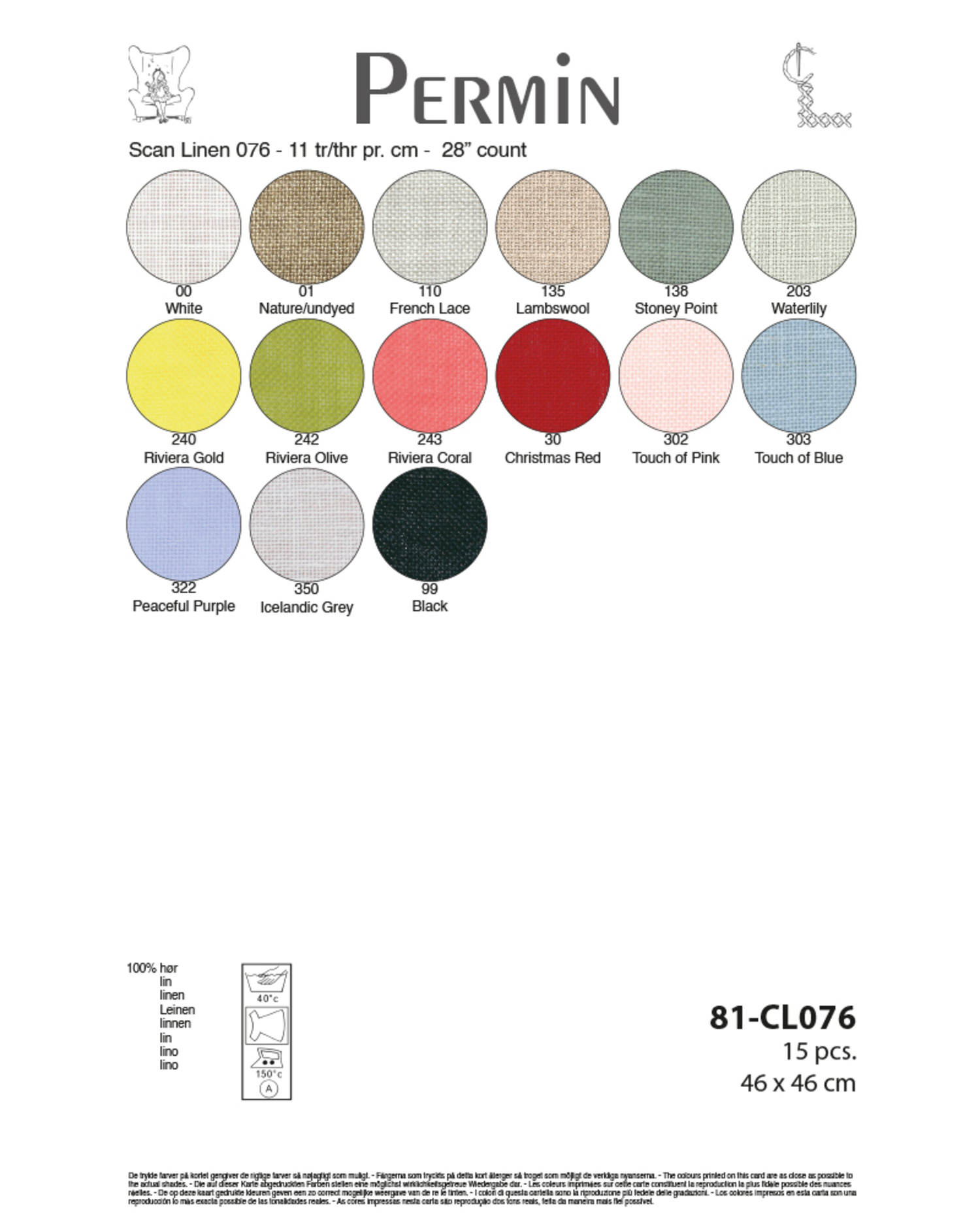 **〔Permin〕81-CL076　リネン11目　15色セット /  Linen 11thr/cｍ　46ｘ46cｍカット
