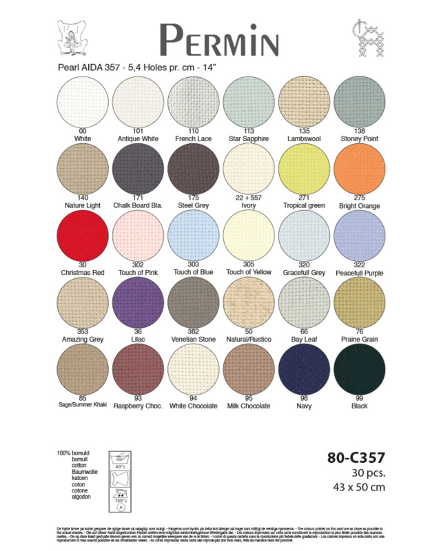 **〔Permin〕80-C357　アイーダ30色セット /  Aida 5.4h/cｍ　43ｘ50cｍカット