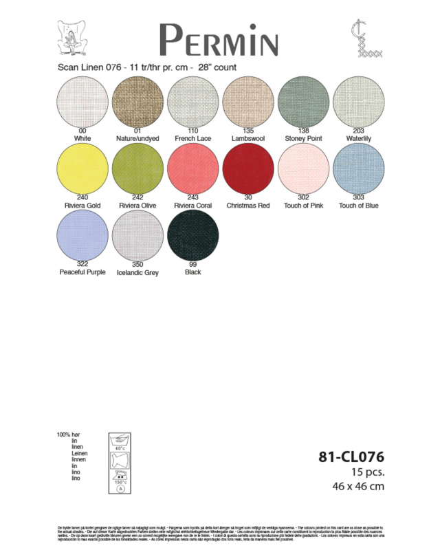 **〔Permin〕81-CL076　リネン11目　15色セット /  Linen 11thr/cｍ　46ｘ46cｍカット