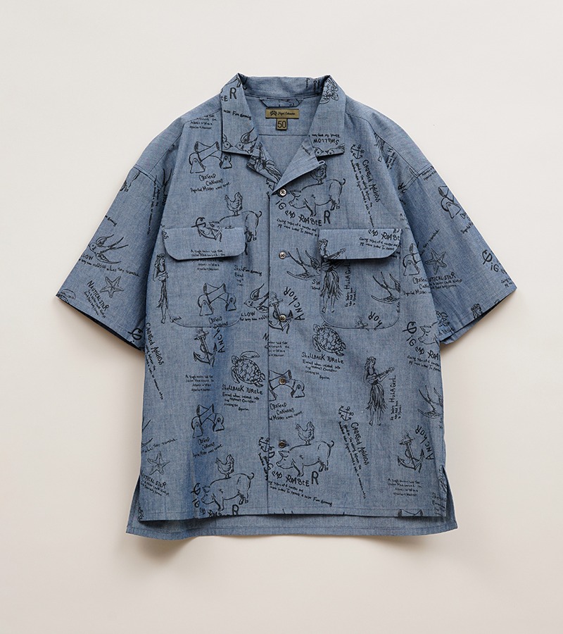 Nigel Cabourn OPEN COLLAR SHIRT - TATTOO PRINT