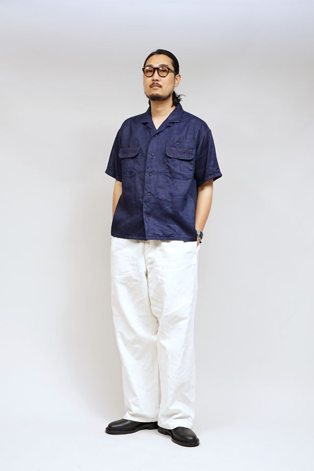 80500011006 Nigel Cabourn OPEN COLLAR SHIRT - LINEN INDIGO