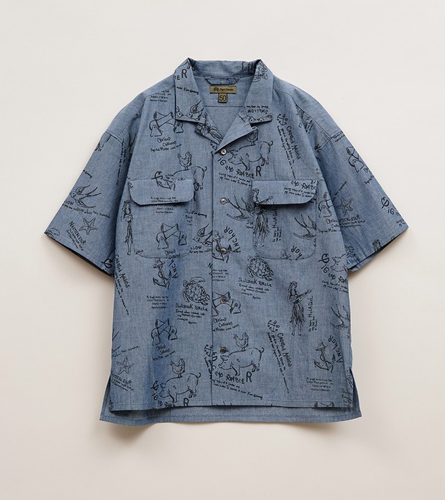 Nigel Cabourn OPEN COLLAR SHIRT - TATTOO PRINT
