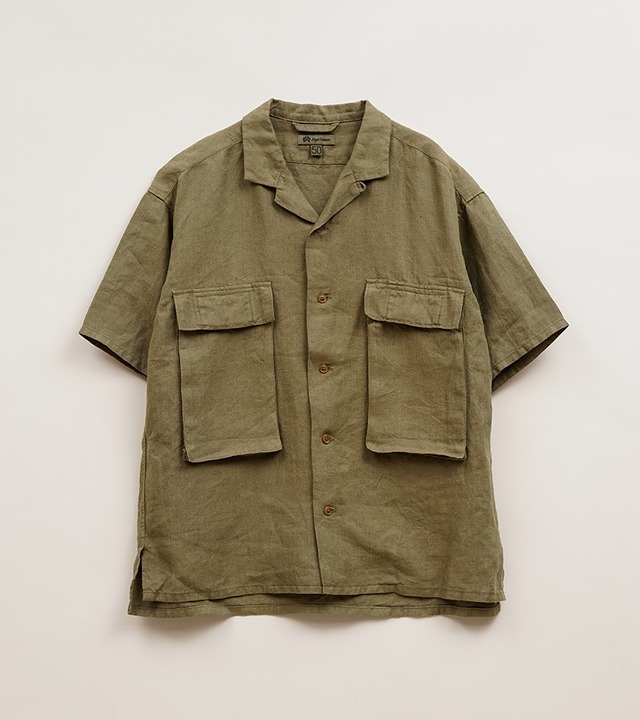Nigel Cabourn ARMY SHIRT SHORT SLEEVE - LINEN HERRINGBONE TWILL