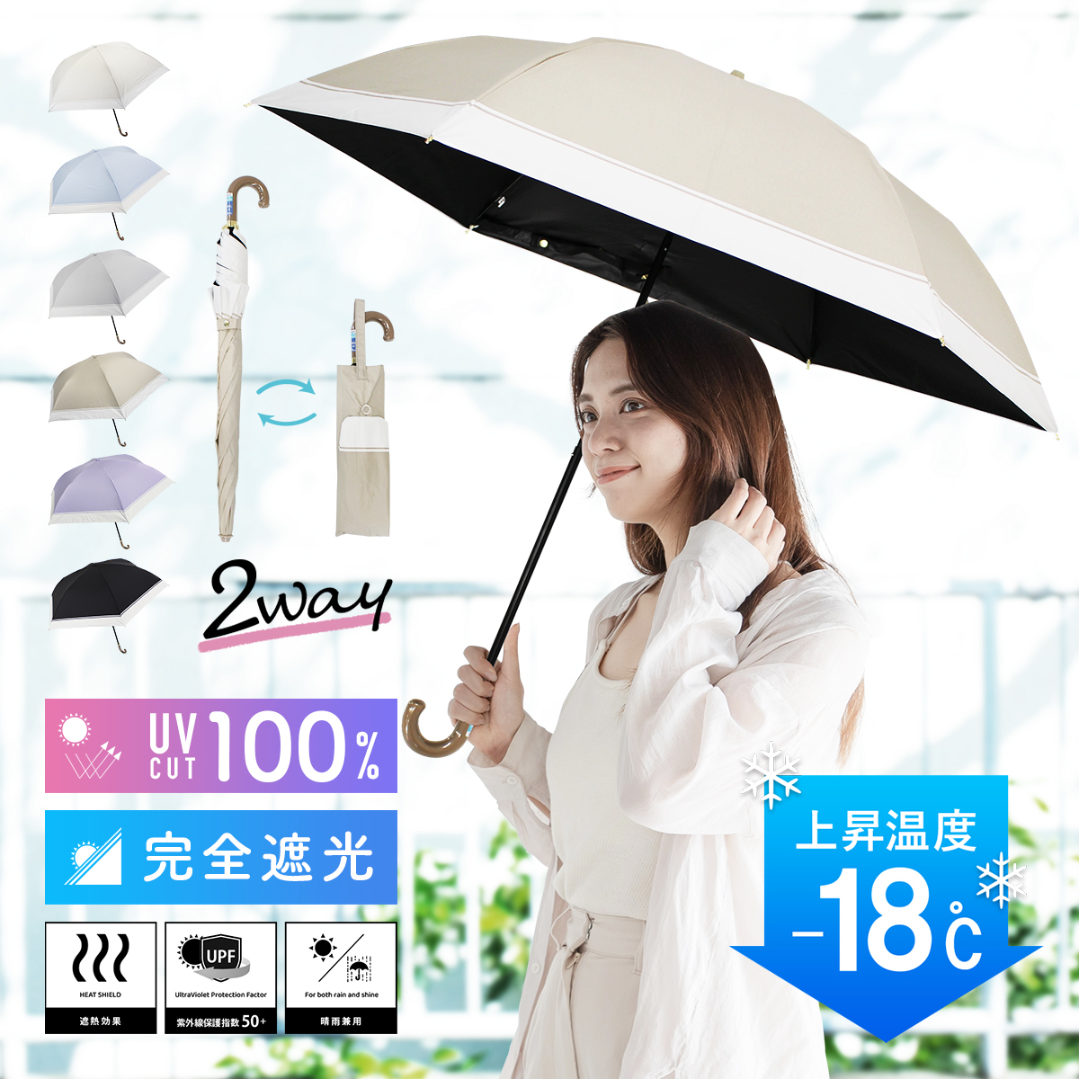 日傘 2WAY 折りたたみ 完全遮光  遮光率100% UVカット率100% UPF50+ バイカラー 撥水4級 耐水度2000mm 傘 レディース 晴雨兼用 手開き プレゼント ギフト 紫外線 熱中症 防止 対策