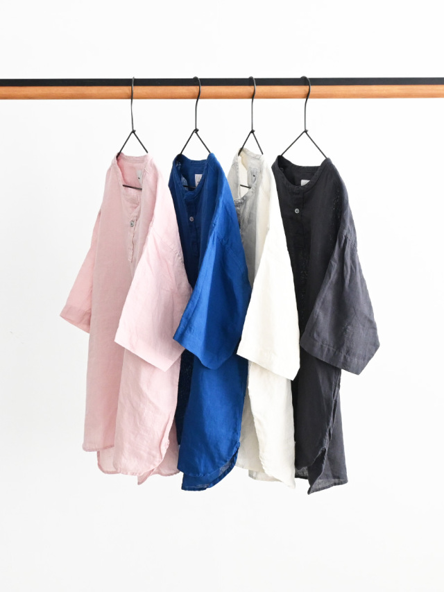 RINEN (リネン)　60/1リネンローン 半袖ヘンリーネックシャツ