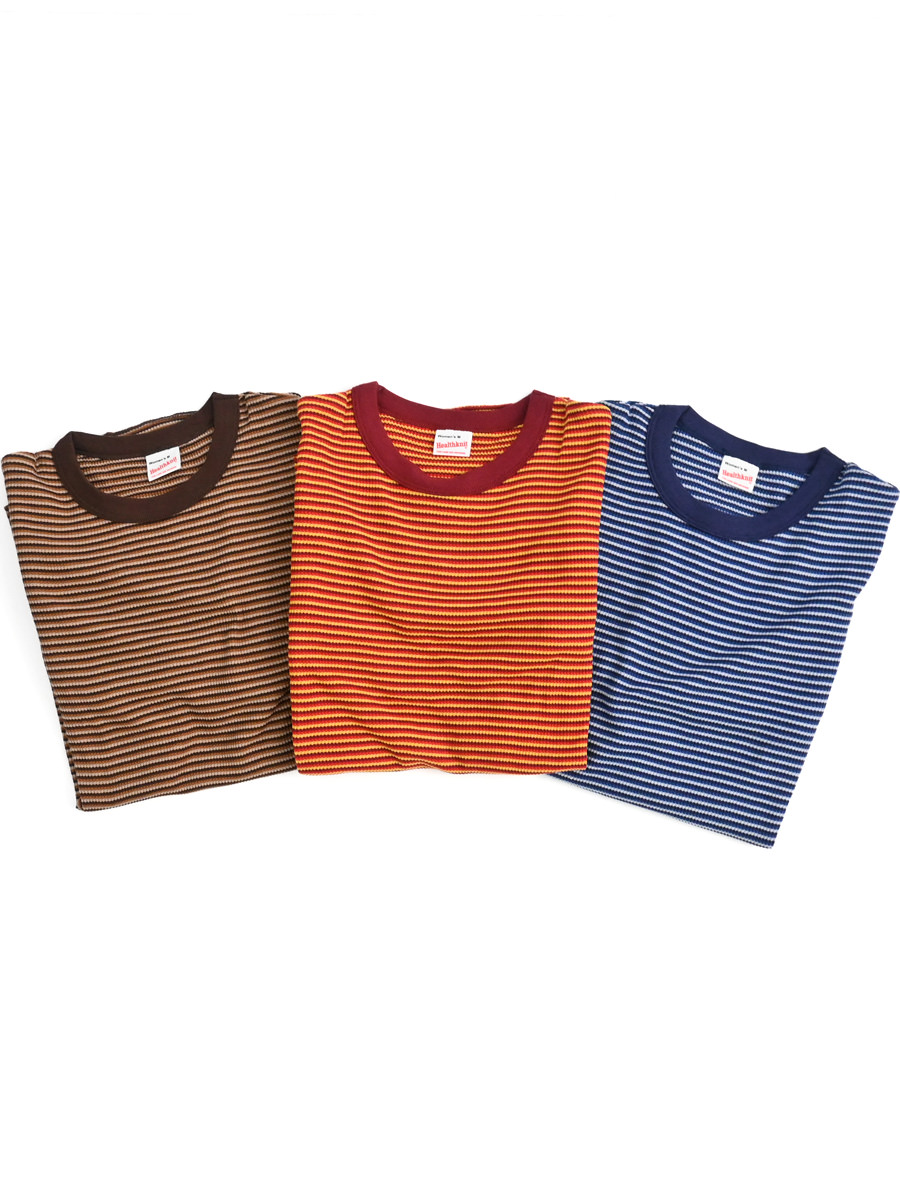 Healthknit(ヘルスニット) マルチボーダーワッフル　ヘムラウンド　クルーネック長袖