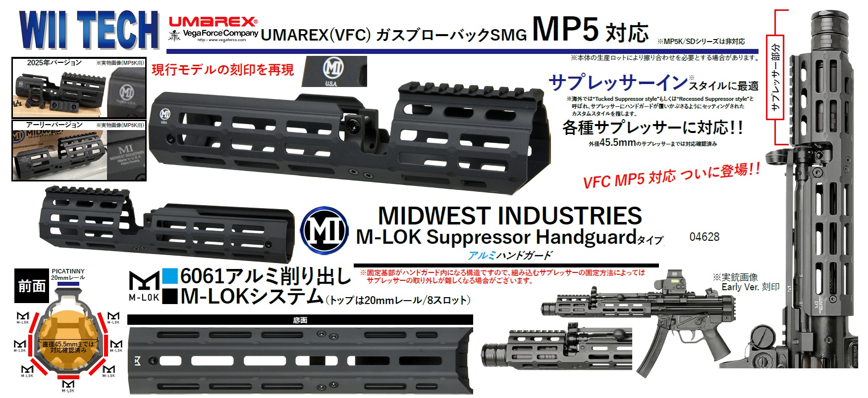WII TECH UMAREX(VFC) MP5 GBB対応 MIDWEST INDUSTRIES Suppressorタイプ M-LOK アルミハンドガード