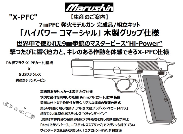 マルシン(Marushin) Hi-Power(ハイパワー) "コマーシャル"  7mmPFC 発火モデルガン 【完成品(木製グリップ)各種 】
