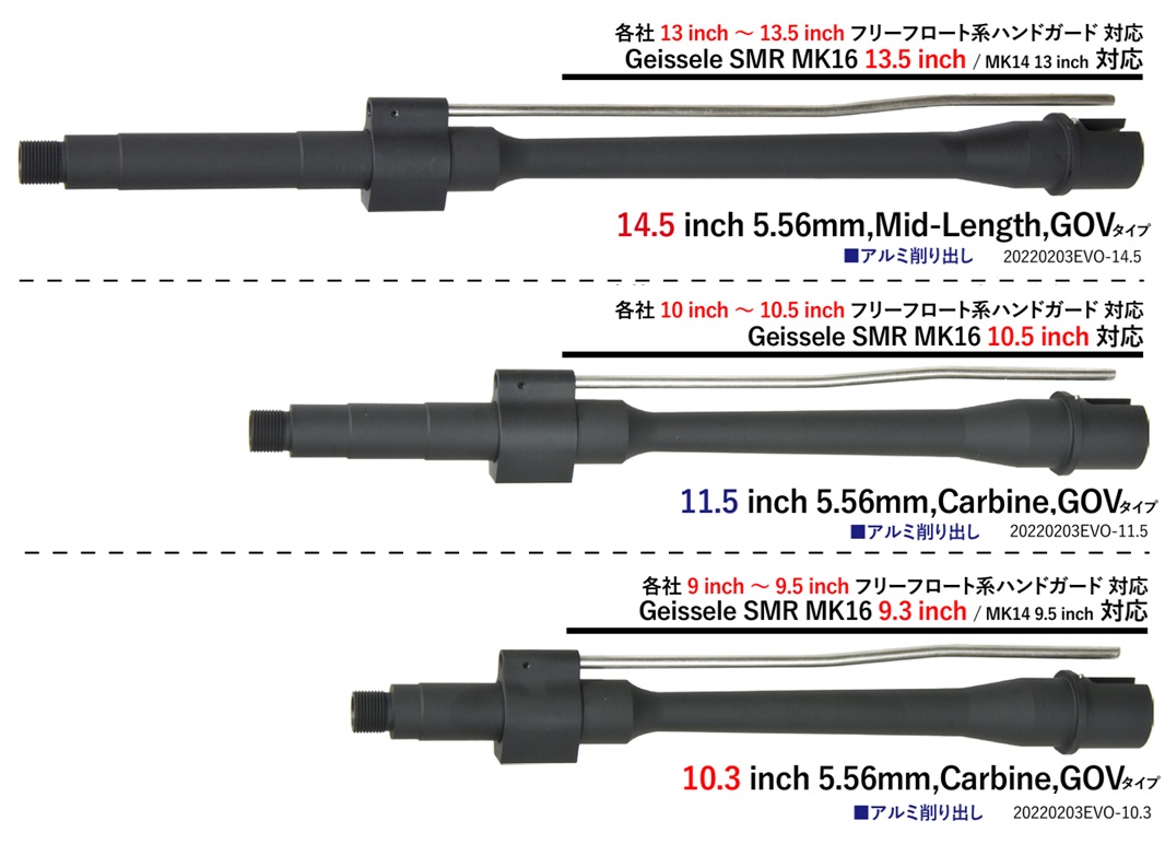 ANGRY GUN マルイ M4 EVOLT用 Daniel Defense 5.56mm,GOVタイプ アルミCNC アウターバレル (14mm逆ネジ）【10.3/11.5/14.5インチ】