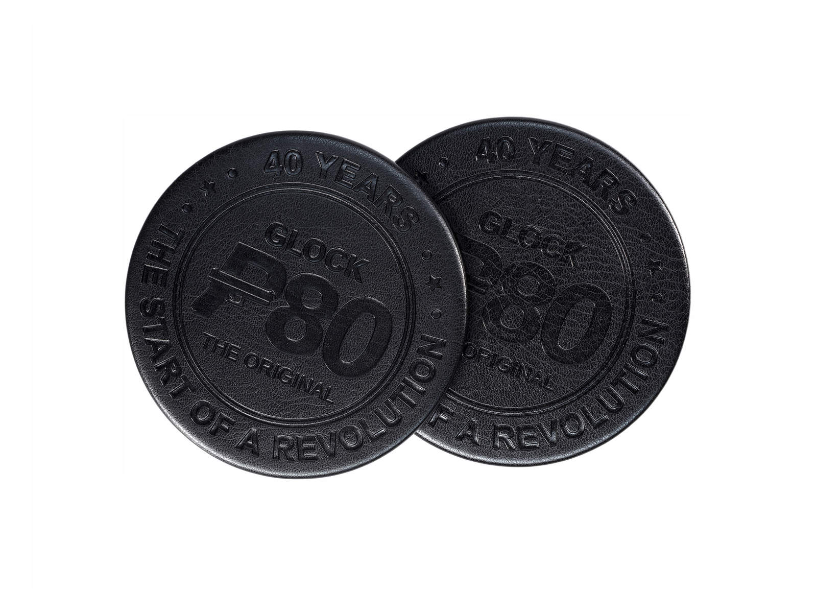 GLOCK P80 Anniversary コースター 2枚セット (黒合皮エンボスマーキング/直径90mm)