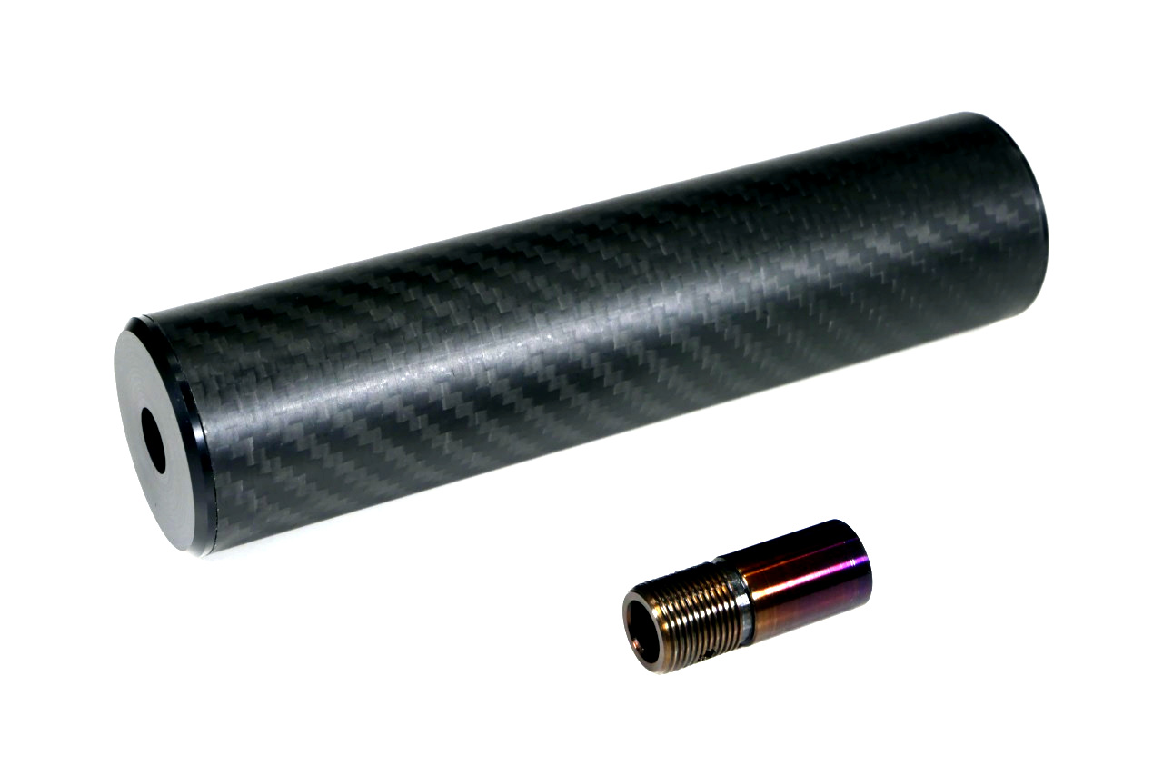 【オリジナル】 超軽量 リアルカーボンサイレンサー VFC/KWA/KSC MP7用（12mm-逆14mm） ヒートブルー仕様アダプタ付