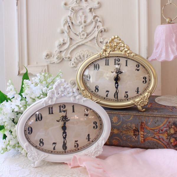 置時計 置き時計 テーブルクロック リボン オーバル クロック ホワイト ゴールド 金属製 アンティーク調 時計 ロココ調 ヨーロピ