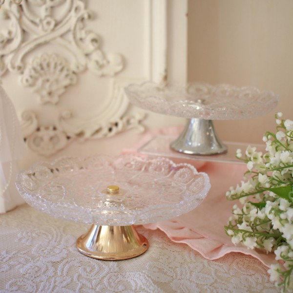 グラス コンポート ラウンド ケーキスタンド プチフール ガラス 小物入れ ディスプレイ ゴールド シルバー お菓子入れ ロココ調 