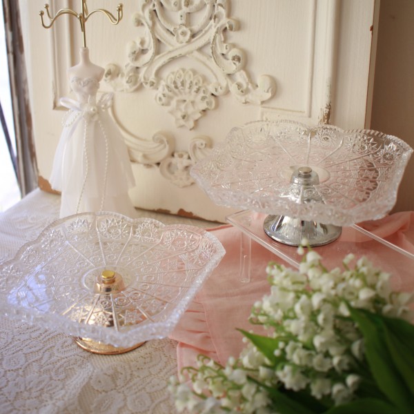 グラス コンポート スクエア ケーキスタンド プチフール ガラス 小物入れ ディスプレイ ゴールド シルバー お菓子入れ ロココ調 
