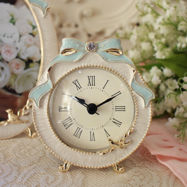 置時計 ブルーリボン テーブルクロック エレガント 置き時計 ラインストーン ラウンド ヨーロピアン クラシック ロココ調 アンテ