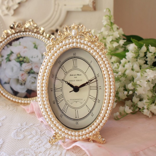 置き時計 可愛い 置時計 ゴールド 猫脚パール オーバル ギフト アンティーク風 エレガント りぼん パール 韓国インテリア かわい