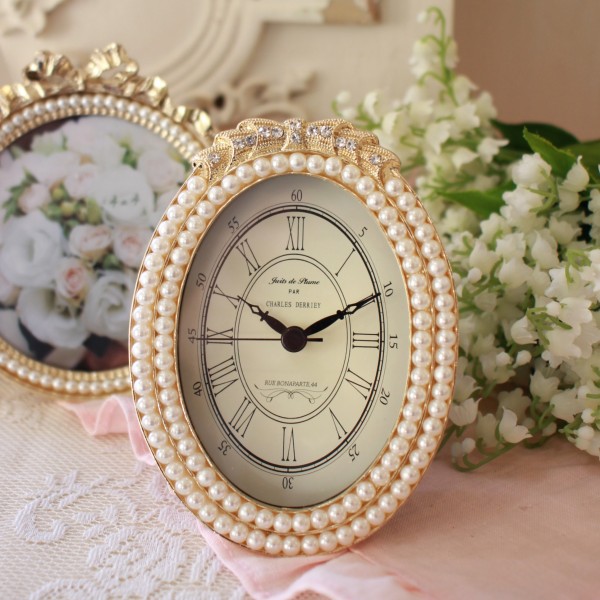 置時計 リボンパール オーバル テーブルクロック ゴールド 置時計 かわいい ギフト 楕円形  姫系 リボンモチーフ アンティーク風