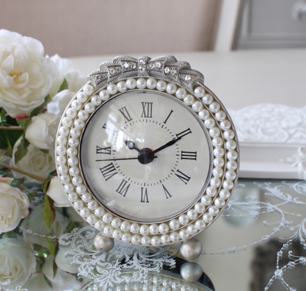 置時計 かわいい ミニ時計 テーブルクロック リボンパール ラウンド 丸形 アンティーク風 シャビーシック 姫系 フレンチシャビー