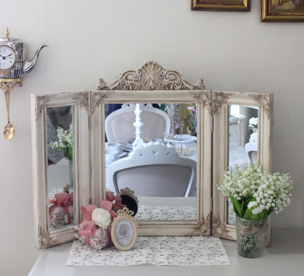 三面鏡 スタンドミラー ミラー ホワイト 置き型 鏡 卓上 ドレッサー ヨーロピアン アンティークホワイト ロココ調 姫系 可愛い 