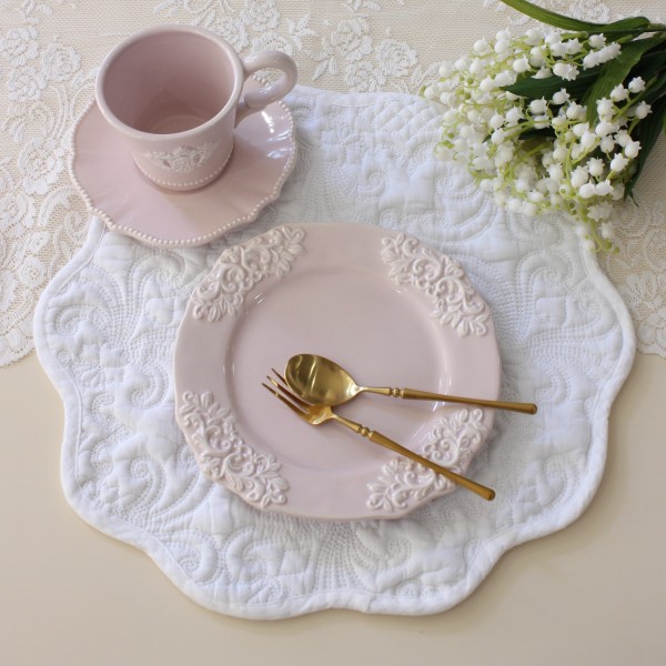 ホワイトキルト ラウンドマット ランチマット ホワイト ティーマット  ドイリー キルトマット 直径35ｃｍ アラベスク柄 敷物 布