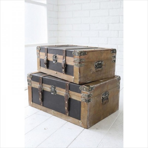 収納ケース ウッデン トランクボックス ２個セット 収納ボックス 木製 アンティーク調 リビング収納 店舗什器 ビンテージ風 シャ