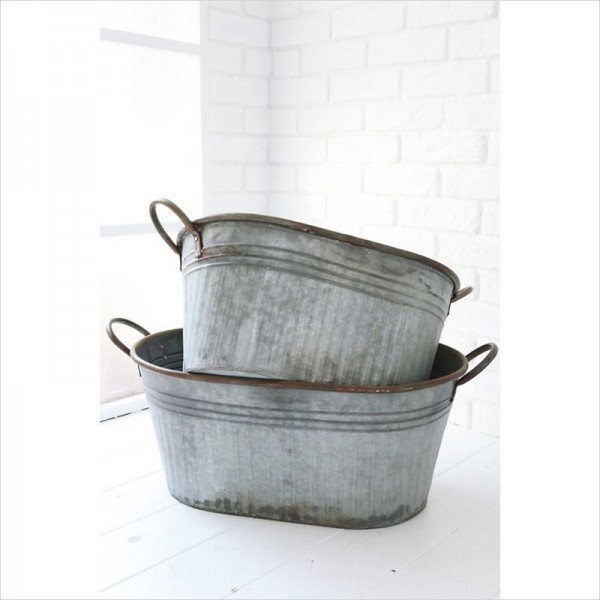 ブリキ オーバルタブ ２点セット ブリキボックス ブロカント 小物入れ シャビー おしゃれ ゴミ箱 店舗什器 アンティーク調 フレ