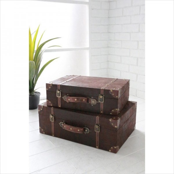 レザー トランクボックス ２個セット 収納ボックス トランクケース 木製 ブラウン アンティーク調 リビング収納 店舗什器 フレン